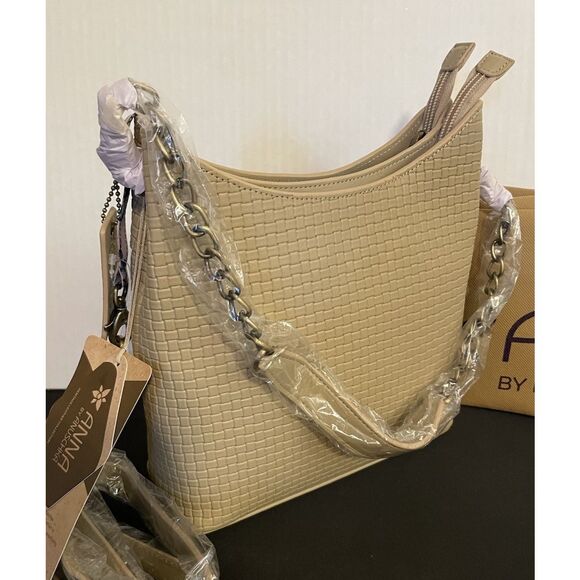 ANUSCHKA Almond Woven Genuine Leather TopZip Bucket Shoulder Bag Crossbody Purse - Picture 3 of 8